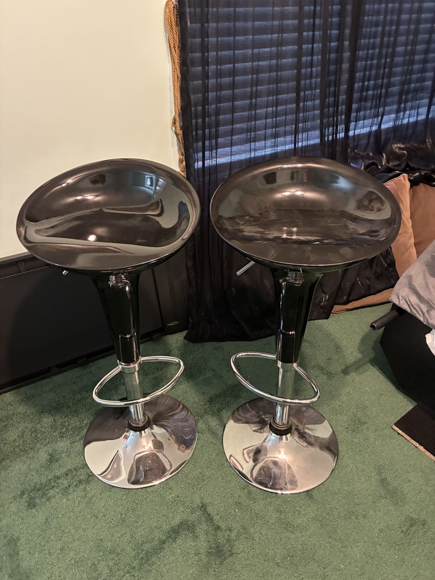 Set of 2 Black Bar Stools with Silver Base and Footrest