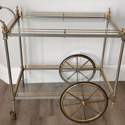 Rolling Bar Cart in Stainless Steel, Brass and Glass- Heavy Duty - 2 Glass Shelves. Firm Price