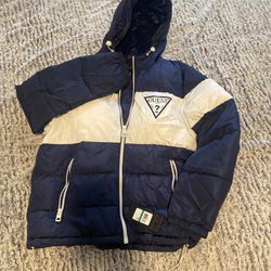 GUESS Men's Navy & White Color Block Hooded Puffer Jacket - Size Large