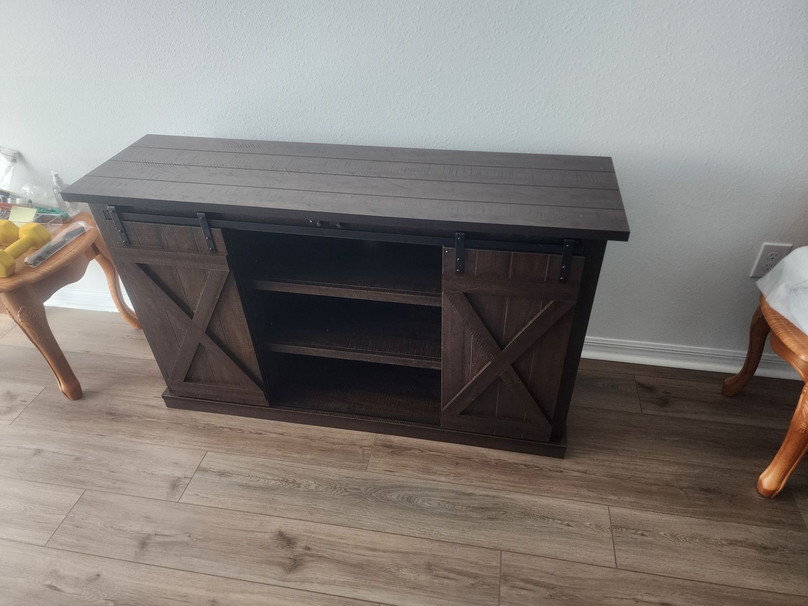 Espresso Wood Tv Stand With Shelves And Sliding Doors