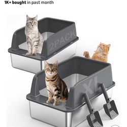 2PACK Stainless Steel Litter Box, Extra Large Litter Boxes for Big Cats, XL Metal Cat Litter Box with Lid High Sides, Anti-Urine Leakage, Non-Stick 