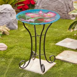 LuxenHome Hummingbird Floral Glass Bird Bath with Metal Stand，P1521
