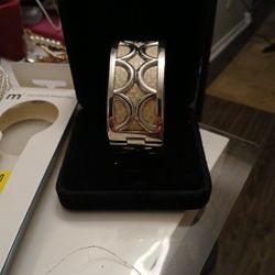 Silver  Cuff  Bracelet  Red And Off White Leather