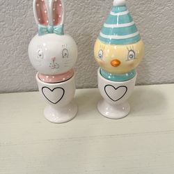 Johanna Parker chick and bunny salt pepper shakers with Rae Dunn heart egg holders