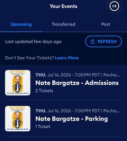 2 tickets + Parking Nate Bargatze San Diego 7-16-26