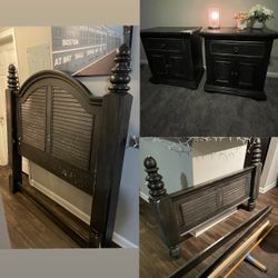 Wooden Queen Size Bed Frame And Two Nightstands 