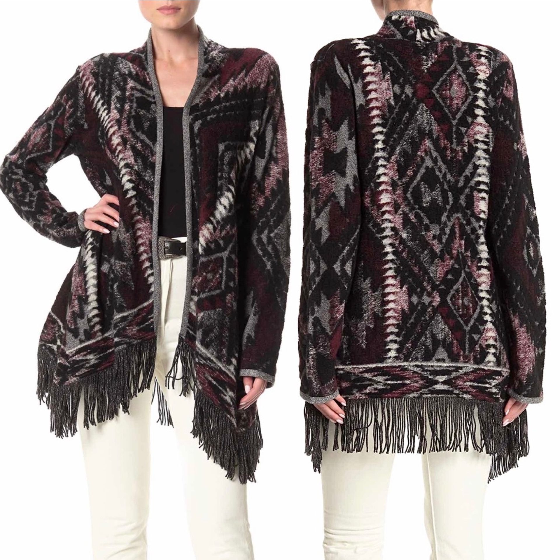 ✨New LUCKY BRAND Fringed Brushed Knit Cardigan Black Multi Womens Size Small SP