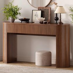 55 Inch Console Table with 2 Drawers, Entryway Tables with Storage Fluted Sofa Table Behind The Couch, Hallway Tables, Mid-Century Modern Foyer Table 