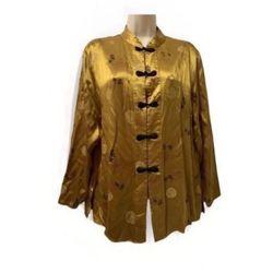 Adult Women Large Gold Asian Tunic Shirt Black Toggle Buttons Long Sleeve  NWT