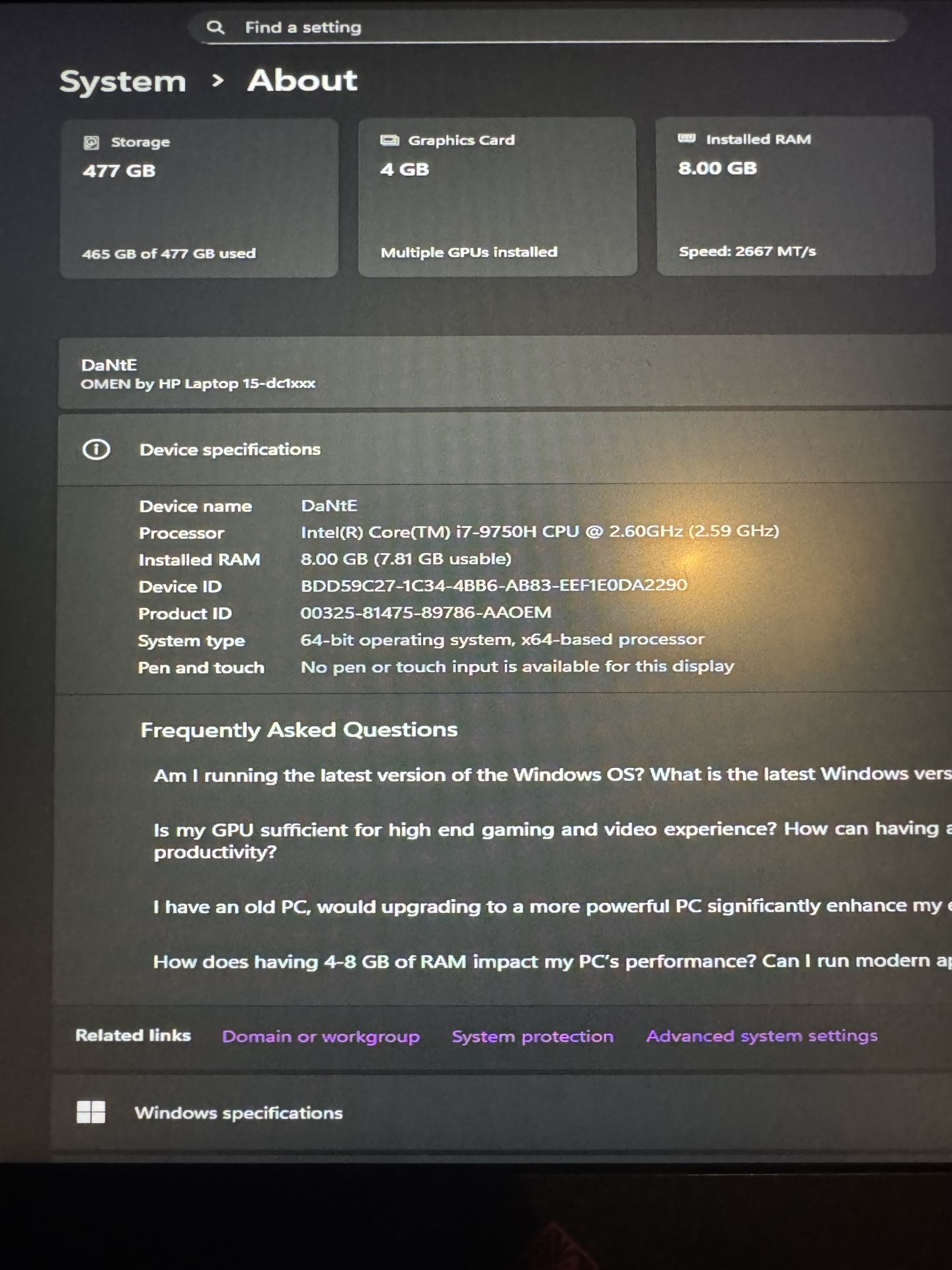 HP Omen 15 Gaming Laptop (WITH CHARGER) - i7-9750H | 8 GB RAM | 4 GB GTX GPU | 477 GB SSD | Mint Condition + Charger