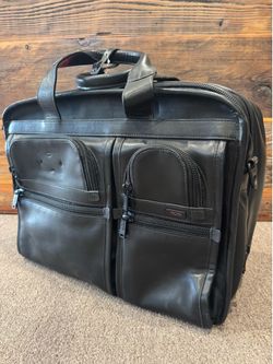 TUMI Full-Grain Leather Expandable Laptop Briefcase – Black