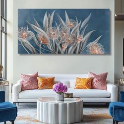 Stunning Dandelions Wall Art. Red and White Flower on Blue Canvas. 58"× 29"