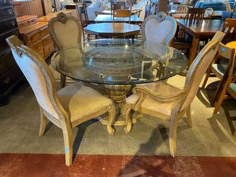 Vintage French Glass Top Table with 4 Beige Heart Shaped Chairs