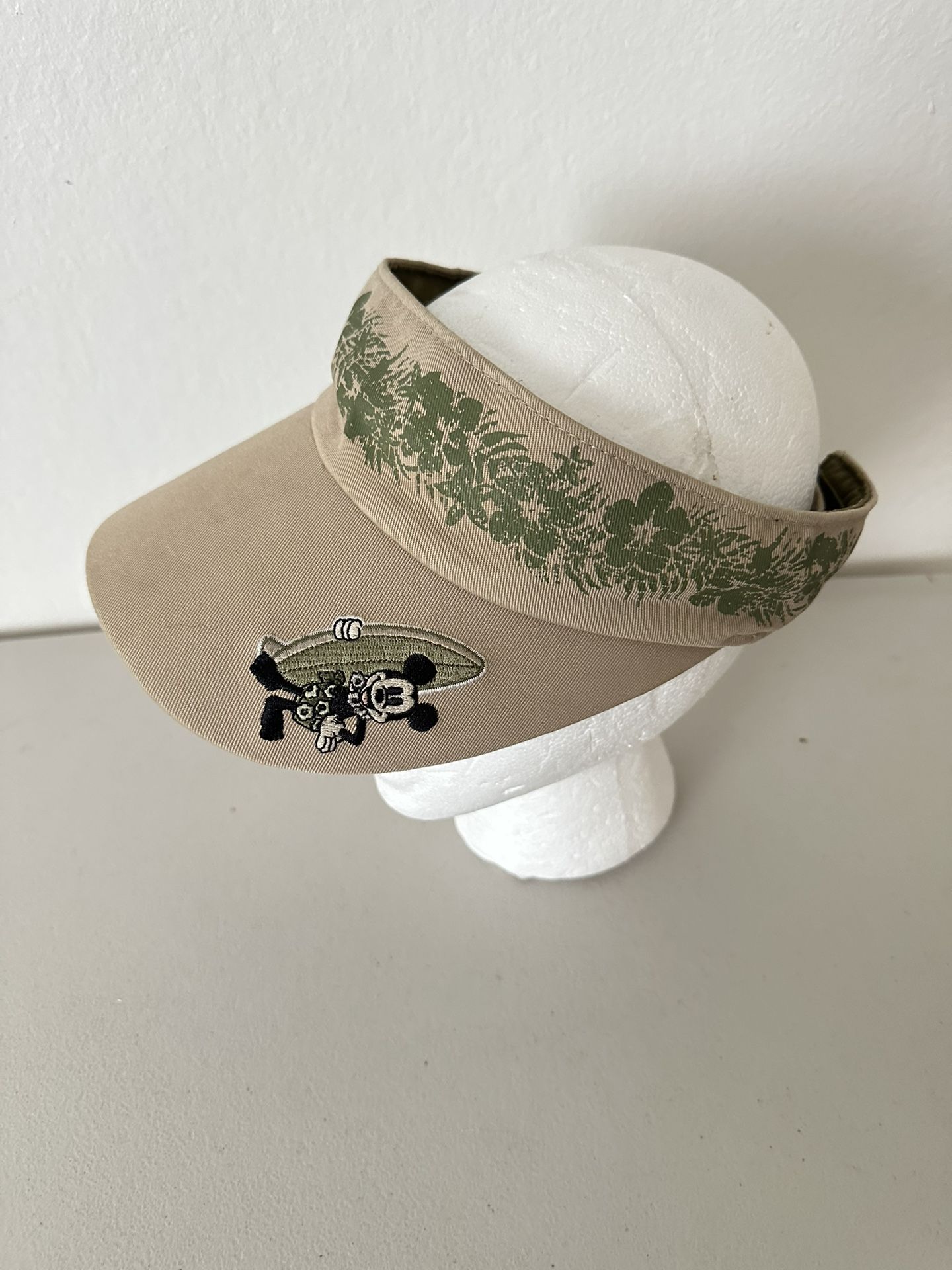 Vtg 1990s Disneyland Resort Adjustable Sun Visor - Tan & Green with Mickey Holding Surfboard
