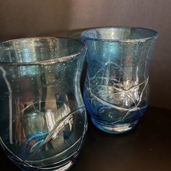 Vintage Mid Century Blue Bubble Hand Blown Glass Vases 