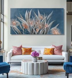 Stunning Dandelions Wall Art. Red and White Flower on Blue Canvas. 58"× 29"