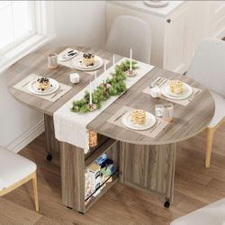3-in-1 Folding Dining Table with Wine Rack & Cup Holder Lockable Casters, Drop Leaf Oval Folding Kitchen Table for Small Spaces