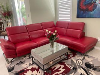 Stunning Custom RED Leather Reclining Sofa w/ Right Chaise