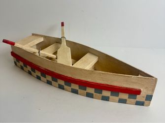 Vintage Handcrafted Wooden Rowboat Model Blue White Checkered Red Trim