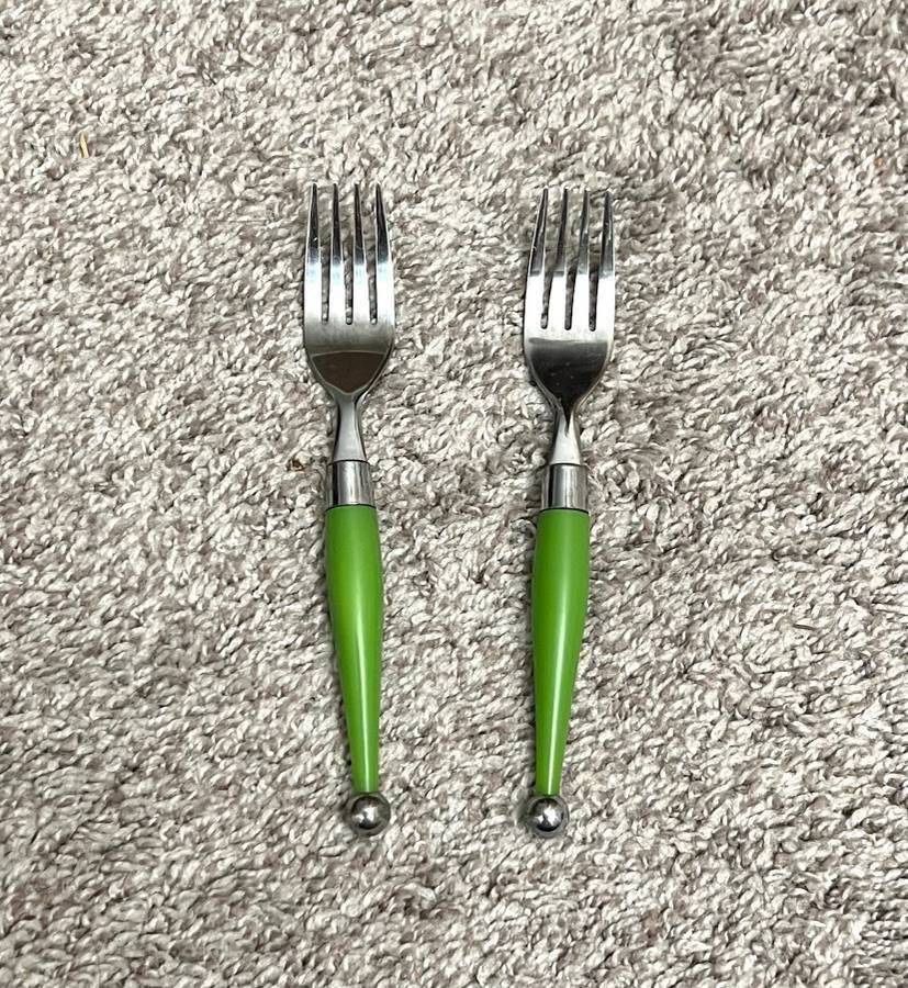Vintage Mid Century Green Lucite Handled Fiesta Carnival Flatware Stainless Set Of 2 Salad Forks