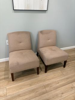 Pair of Tan Beige Fabric Slipper Chairs