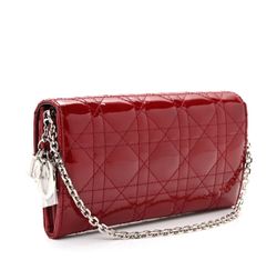 CHRISTIAN DIOR Patent Cannage Lady Dior Rendezvous Wallet On Chain Rouge Ceris