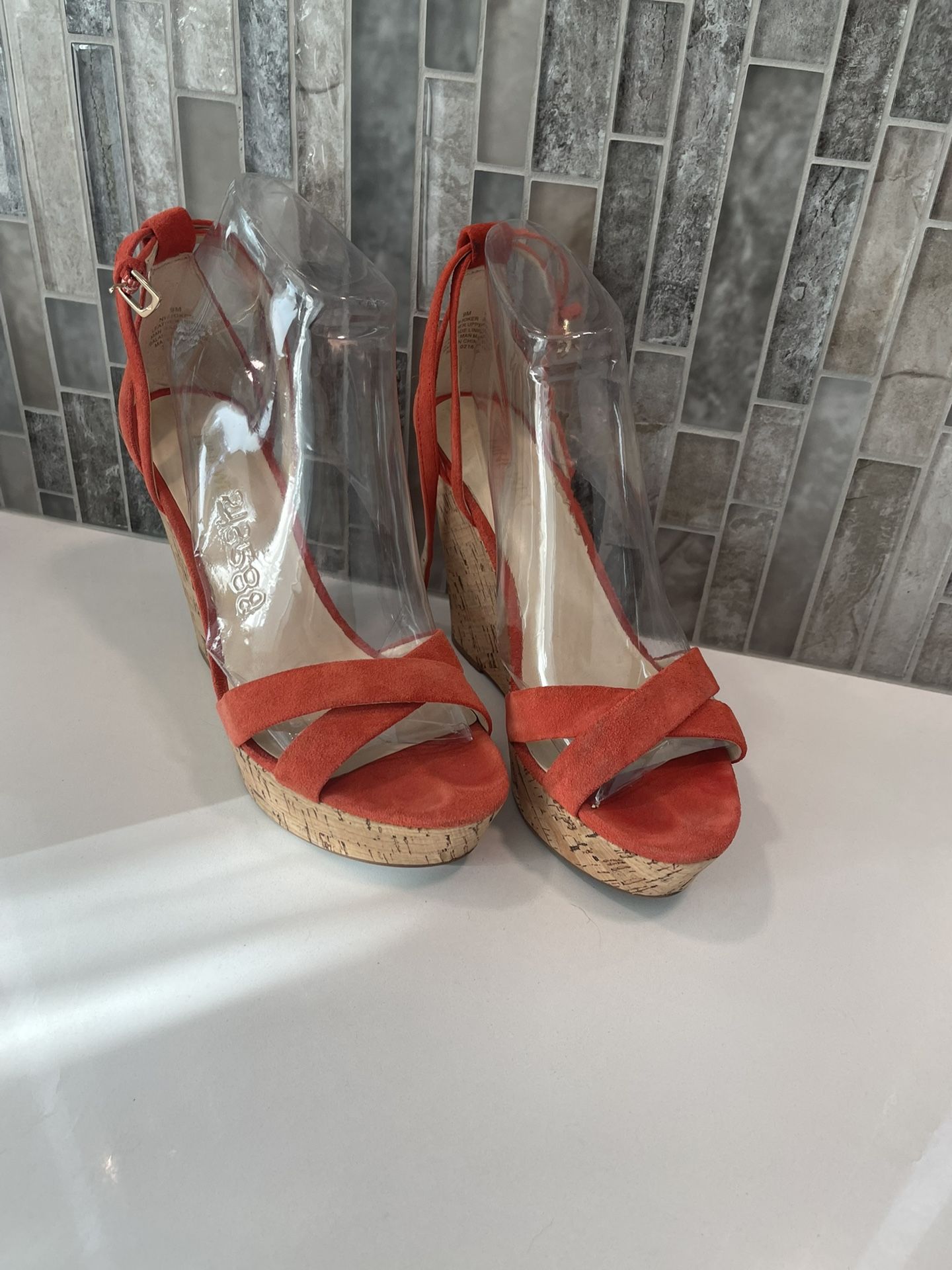Nine West Orange Coral Leather Suede Cork Wedge Ankle Strap Size 9