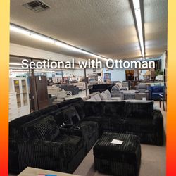 🥰 Black Corduroy Sectional with Ottoman
