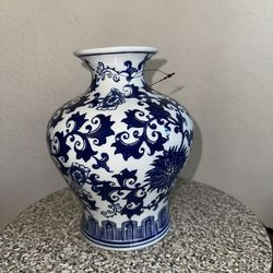 Beautiful White and Blue Jar ceramic 9” High X 23” Diameter