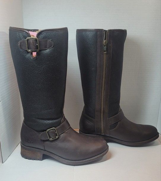 Ugg Chancery Tall Riding brown black Leather Boot Fur Lined Zip Boot size 7.5