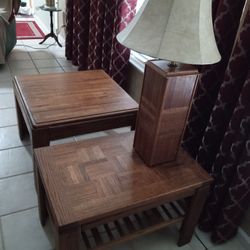 OAK END TABLES WITH MATCHING LAMP