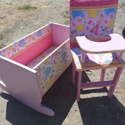 HAND MADE DOLL ROCKING CRADLE AND HIGHCHAIR  BOTH FOR $40.00