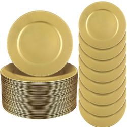 Jinei Charger Plates, 50  Reusable Gold Plastic Charger Plates, 13-Inch Vintage Round Table Decoration, for Weddings, Parties and Holidays