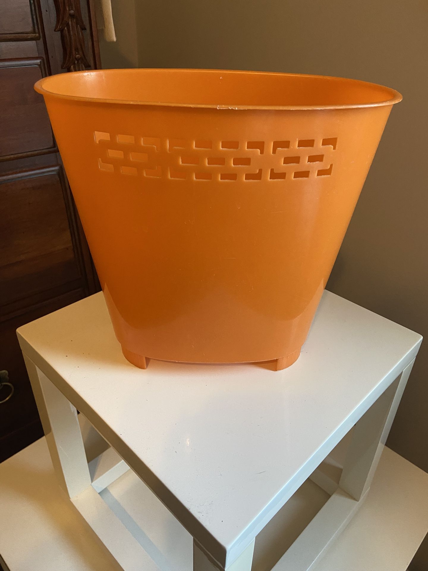 Vintage mid century orange plastic trash can