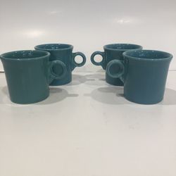 4 FiestaWare Coffee Mugs Ring Handles Teal And Fire King Measuring Cup 