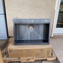 Glacier Bay 30 in. Gunmetal Black Stainless Steel Single Bowl Dual Mount Workstation Kitchen Sink with Black Spring Neck Faucet