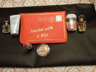 Cosmetic Travel Sizes. Estee Lauder Cleanser, Clinique Lipstick,Eternity ,Coconut Bronzer, Bag, Bath And Body Cranberry