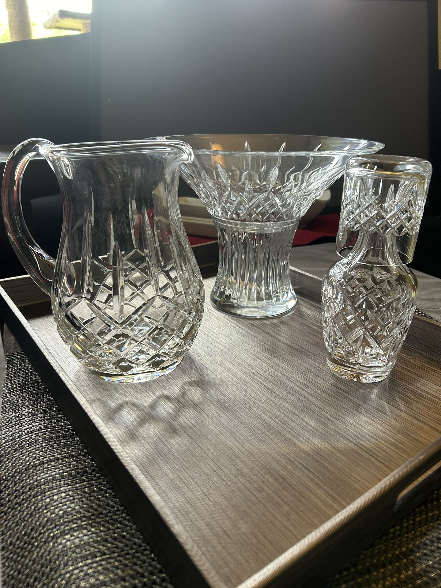 Lismore Waterford Crystal Vase, Pitcher, And Bedside Water Carafe