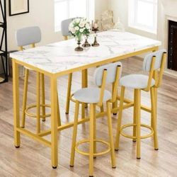  43.3” Dining Table Set for 4, Rectangle Bar Table with 4 PU Leather Backrest Stools, Pub Dining Room Table Set for Kitchen, Bar, B