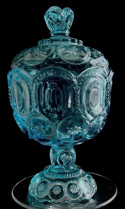 Vintage LG Smith, Opalescent Blue, ‘Moon and Stars’ Lidded Compote