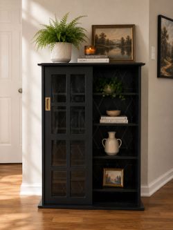 Modern Black Glass Display Cabinet with Gold Hardware
