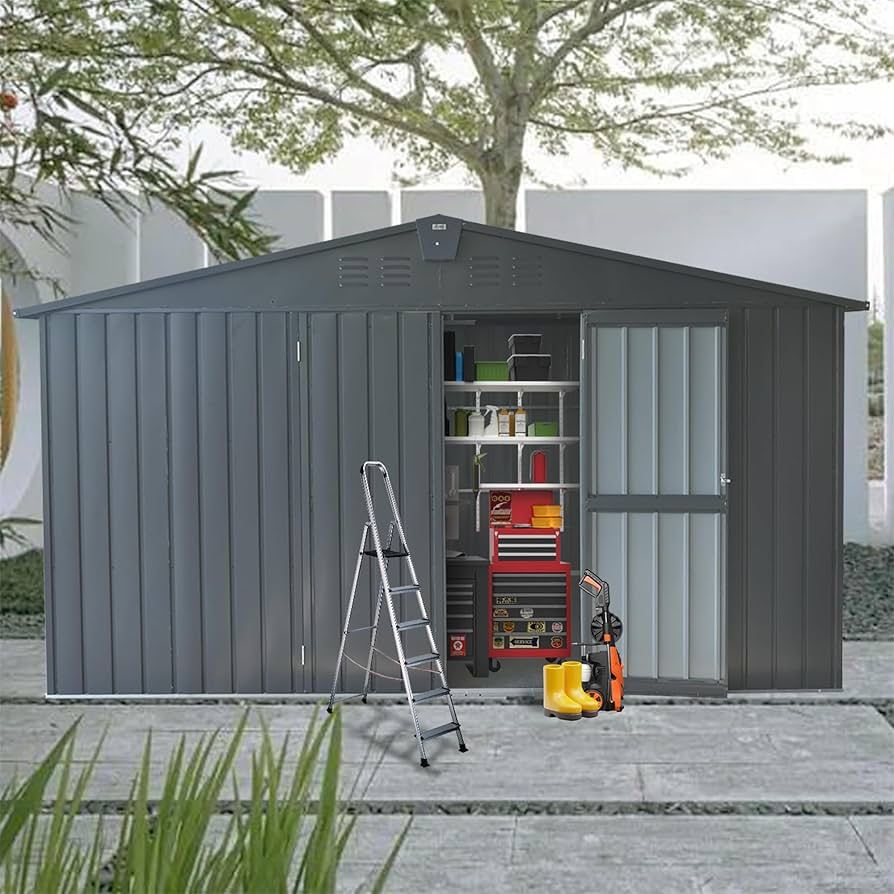 Backyard Storage Shed 11' x 12.5' with Galvanized Steel Frame & Windows, Outdoor Garden Shed Metal With 2 Lockable Door, Dark Gray