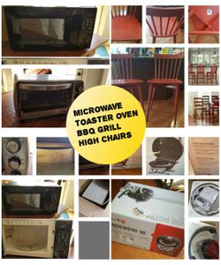 Bbq gas grill.. high chairs.. microwave oven.. toaster oven.. suitcase.. fireplace tools.. Desk
