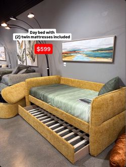 Upholstered Daybed with Trundle and Two Twin Mattresses