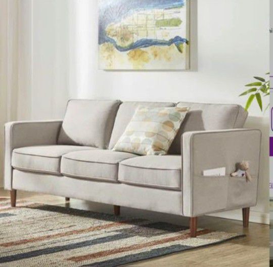 Mellow HANA Modern Linen Fabric Loveseat/Sofa/Couch with Armrest Pockets, Sand Grey
