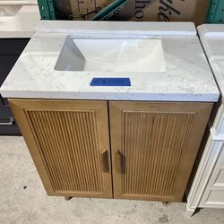 30” Bathroom Vanity in teak , single sink soft close solid wood with vanity top in white  $549  Luke’s liquidations warehouse Address:  2434 N Forsyth