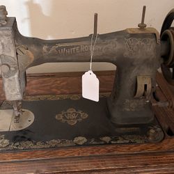 Antique White Sewing Machine with Cabinet