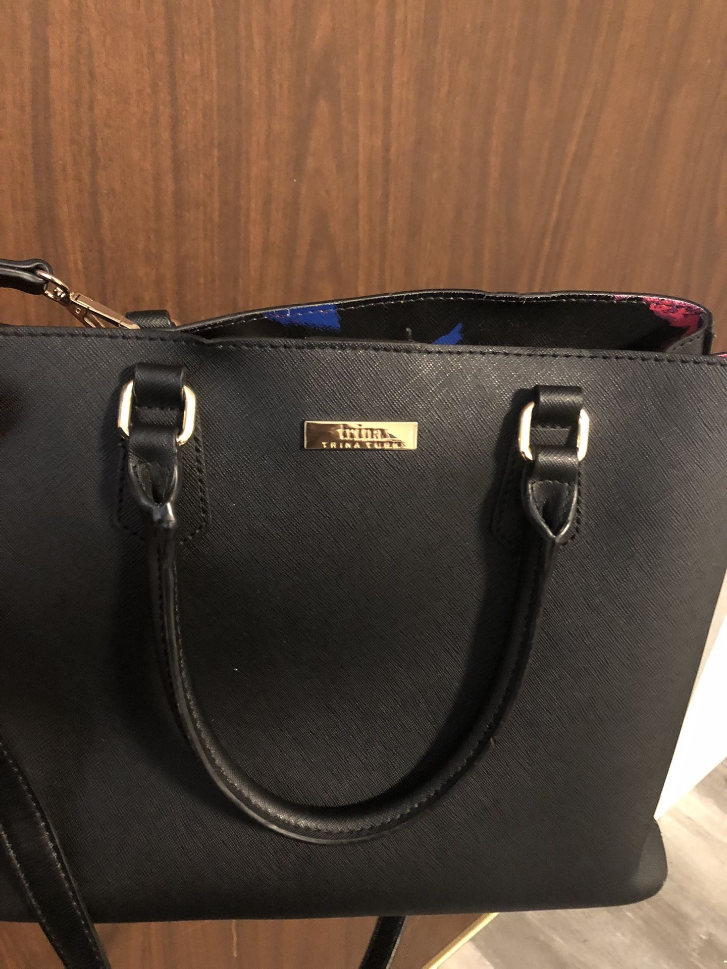 Trina Turk Black Tote Vegan Leather Handbag Crossbody Detachable Strap 13x10x5