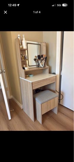Modern Light Oak Vanity with LED Mirror + Stool