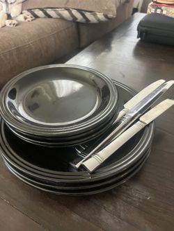 Large and Small Black Plates + Butter Knives